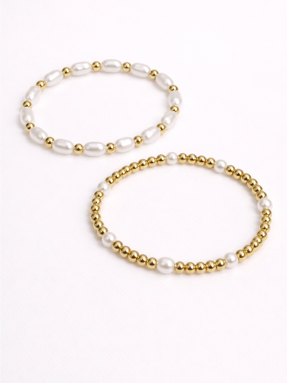 Gold and Pearl Beaded Stretch Bracelet Set  of 2 Elegant Women’s Jewelry